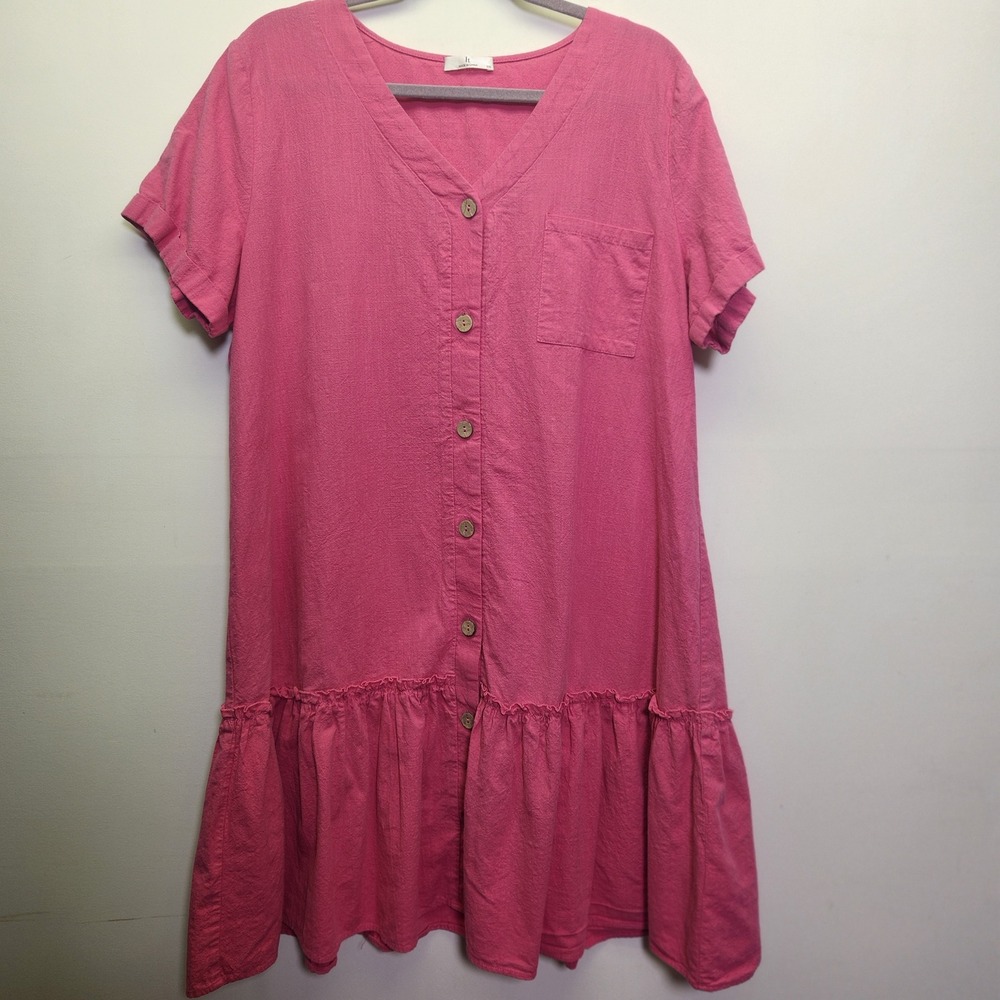 Pink Babydoll Tiered Short Sleeve 100% Cotton Mini Dress XXL Full Button Front